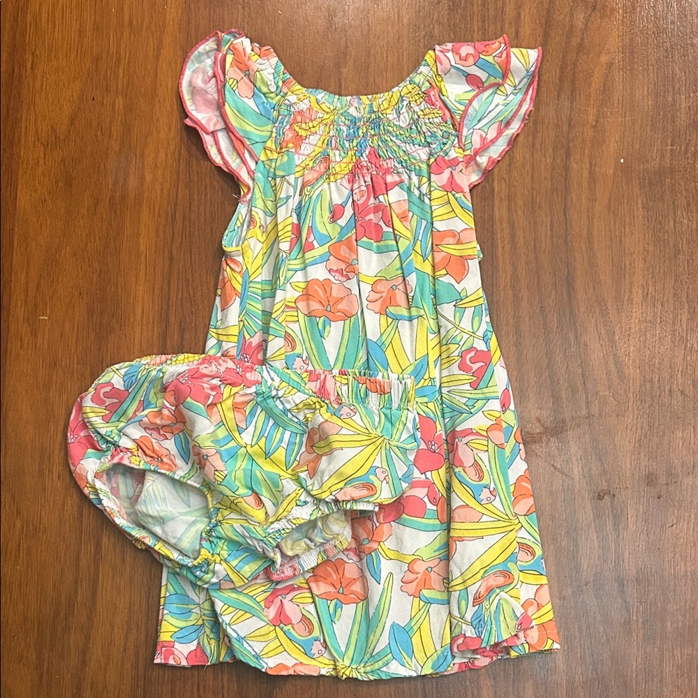 First Impressions Floral Smocked Dress and Bloomers in Pink, Yellow & Aqua